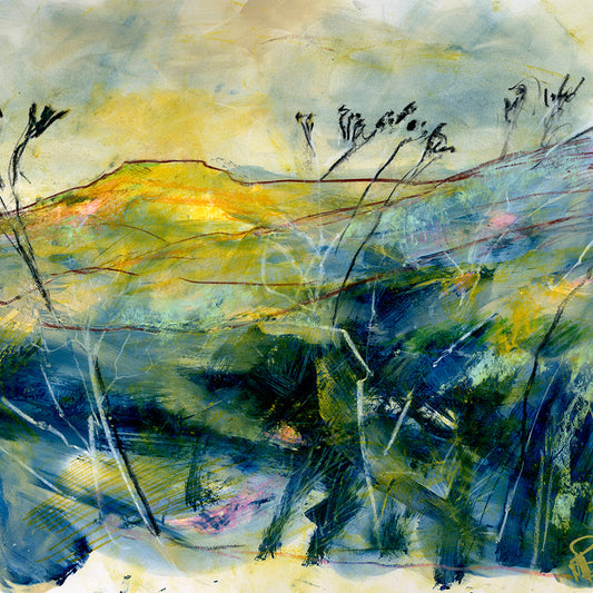 Abstract art piece with a blend of blue, yellow, and green colors.